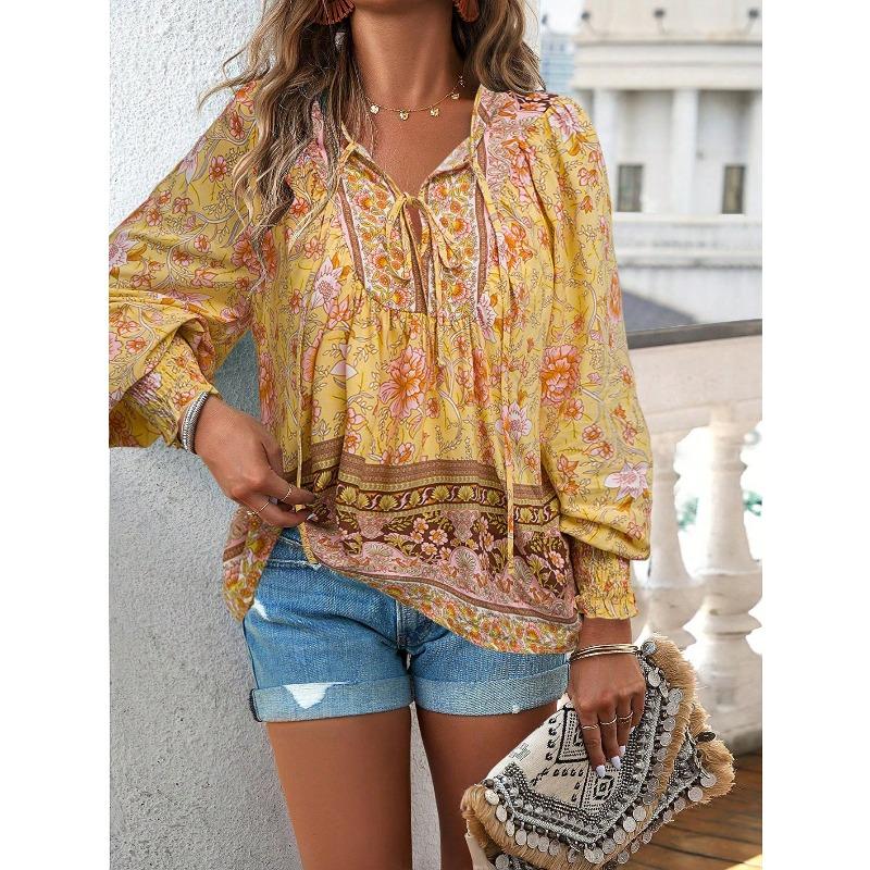 YYFS Women's Fashion Casual Spring Autumn Flower Pattern Print Long Sleeve V-Neck Blouses & Shirts