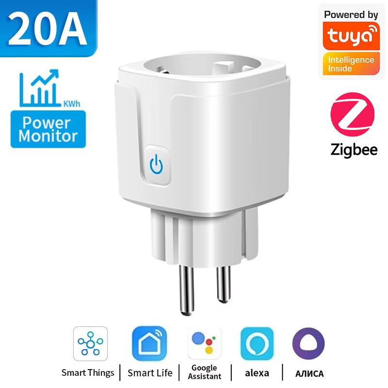 Tuya EU Plug 16A/20A wifi/zigbee, Smart Wall Socket Power Monitor Timer Function, Voice with Alexa Google Home Yandex Alice