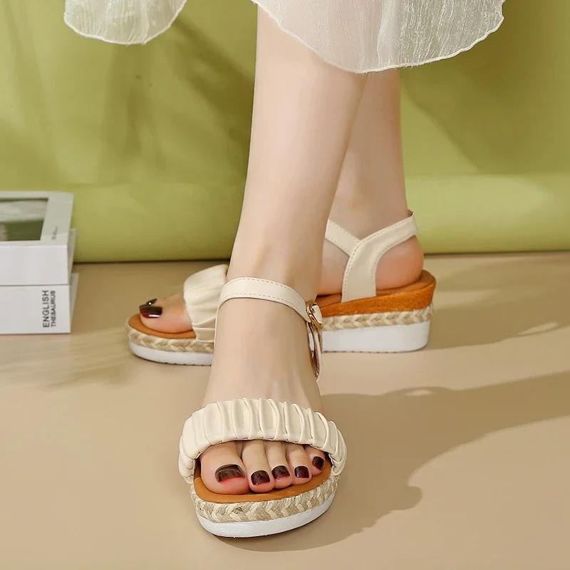 Fashion Ankle Buckle Platform Sandals Women Summer 2025 Fashion Pearl Wedges Sandalias Mujer Plus Size 42 Casual Med Heel Beach Sandals
