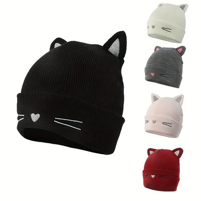 Cute Cat Embroidery Brimless Cap Outdoor Warm Ear Protection Cat's Ears Pullover Hat Woman Autumn and Winter Soft Head Cap