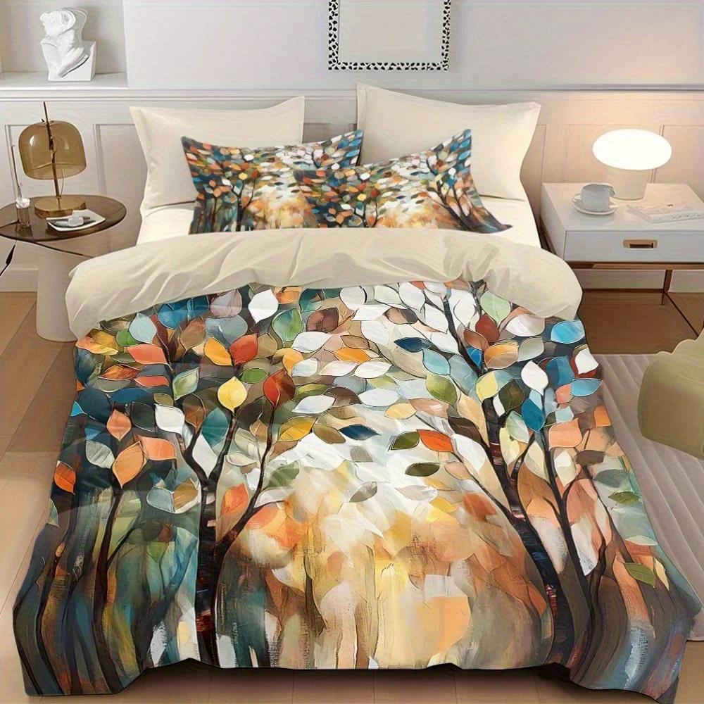 

3Pcs Colorful Oil Painting Leaves Printed Quilt Set- Includes 1 Quilt Cover And 2 Pillow Cover (Without Filler) EU Twin(135x200cm)