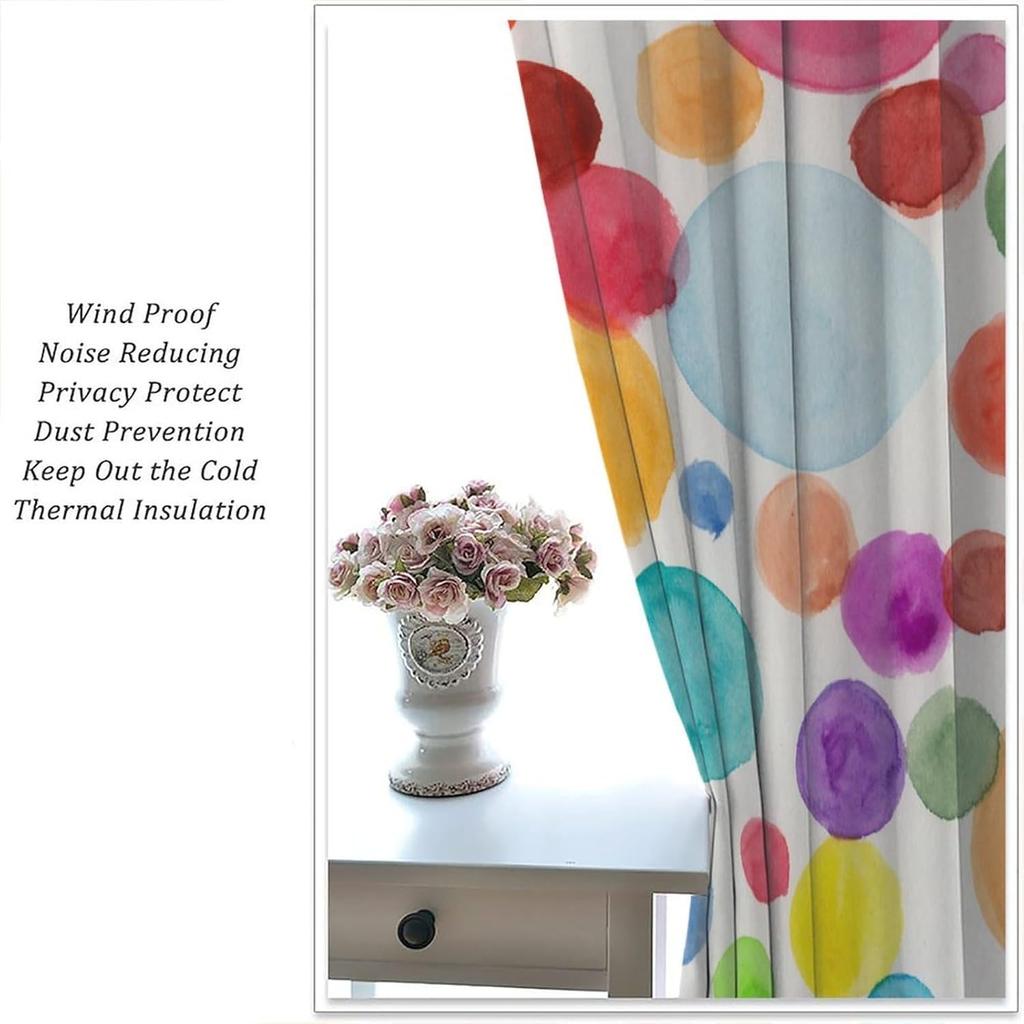 Colorful Polka Dot Curta, Kids Watercolor Rainbow Abstract Circles Geometric Pattern Window Treatments For Children Girls