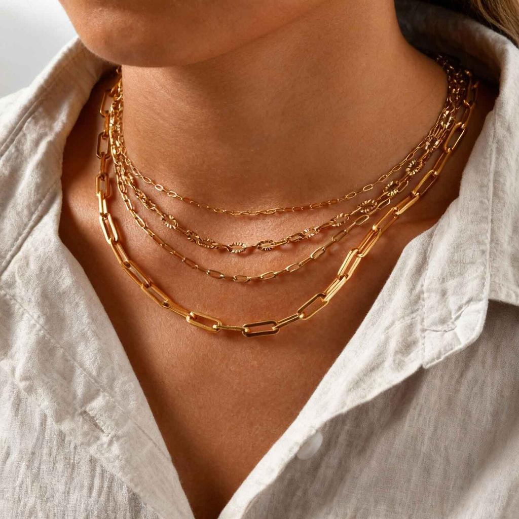 Gold Plated Stainless Steel Paperclip Chain Necklace For Women, Adjustable Rectangle Link Layering Choker Waterproof Jewelry