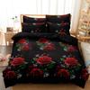 3Pcs Romantic Red Floral Rose Printed Duvet Cover Set, Black Pattern Bedding, For Family Bedrooms Dormitories Hotels