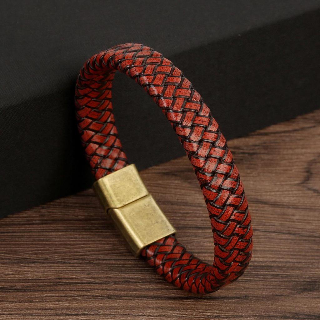 Men's Genuine Leather Woven Bracelet with Alloy Magnetic Buckle