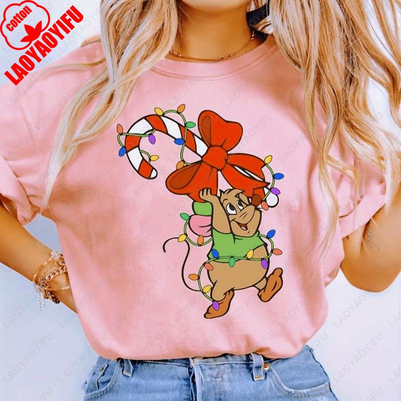 Womens Mouse Gus Gaston Christmas TShirt Cute Mouse Ears Graphic Tshirt Candy Cane Lights Print Tees Holiday Party Tops S