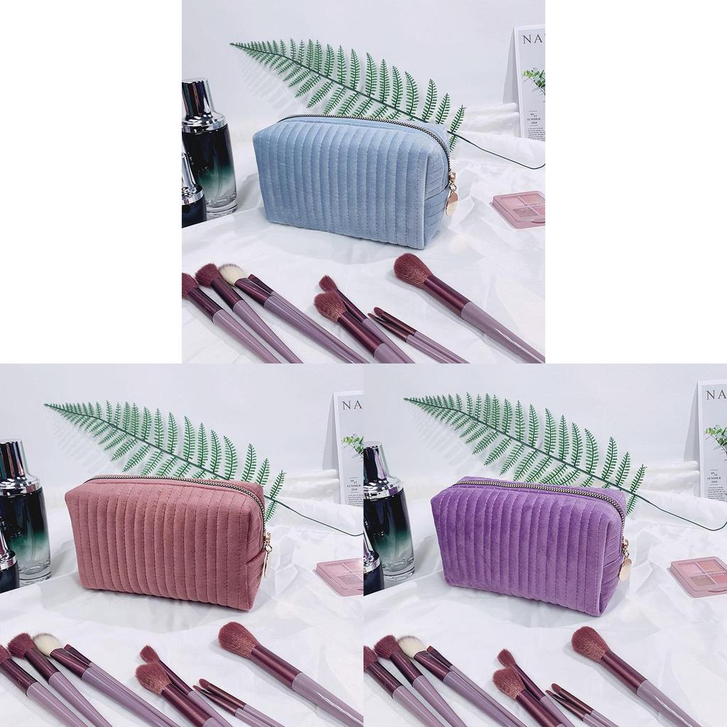 Borsa da Trucco a Strisce in Velluto Peluche con Cerniera per Viaggio e Uso Quotidiano Donna