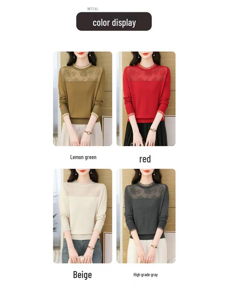 Damen Merino-Wolle Basisschicht mit Spitze und Lochmuster - Altersreduzierender Rundhals-Pullover für Herbst/Winter