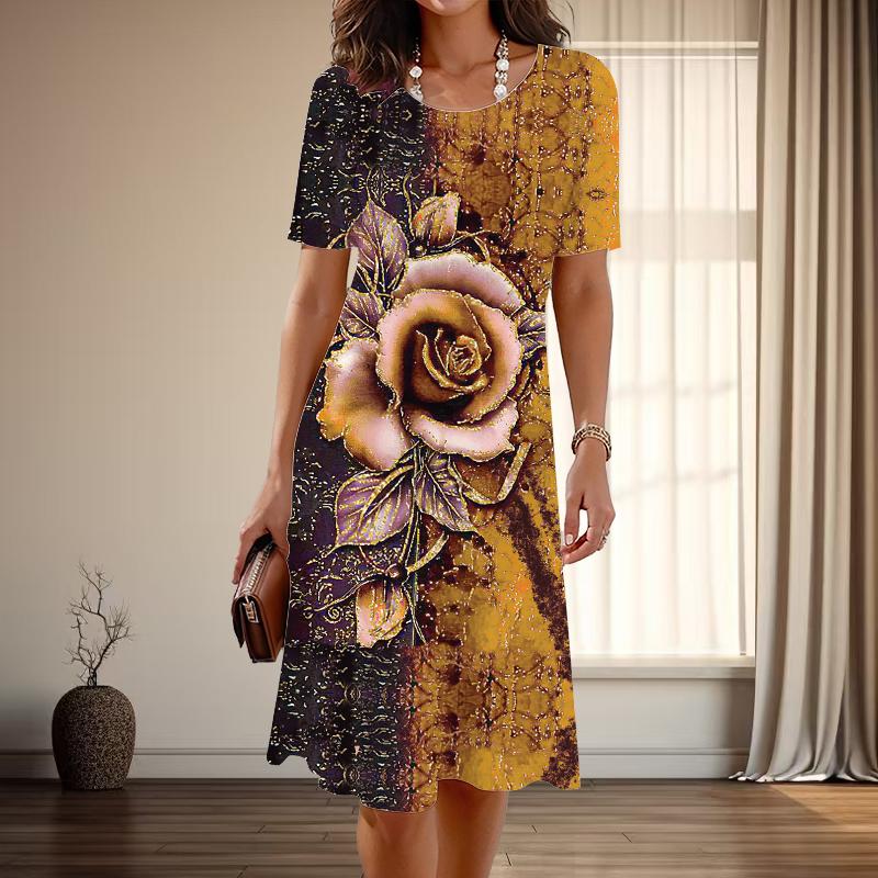 

Женская мода изящный цветочный принт лето весна короткий рукав О-образный вырез повседневные платья 5XL золотой
