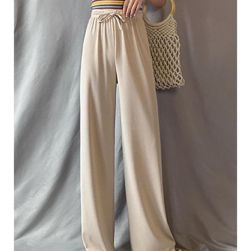 Pantalones de Mujer de Pierna Ancha de Seda Helada de Cintura Alta - Finos de Primavera/Verano, Largos hasta el Suelo, Holgados, de Pierna Recta, Diseño Casual con Caída