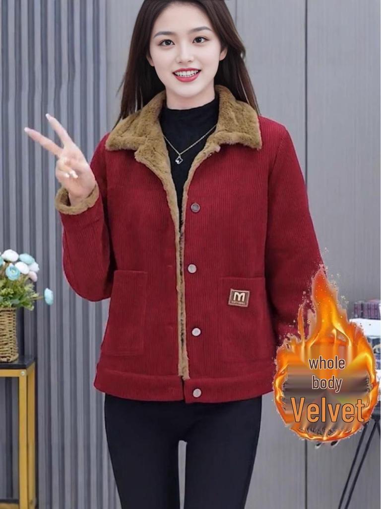 Women's Thickened Corduroy Jacket with Fleece Lining - Warm, Fashionable, Age-Reducing, Loose Fit, Slimming Long Sleeve Outerwear