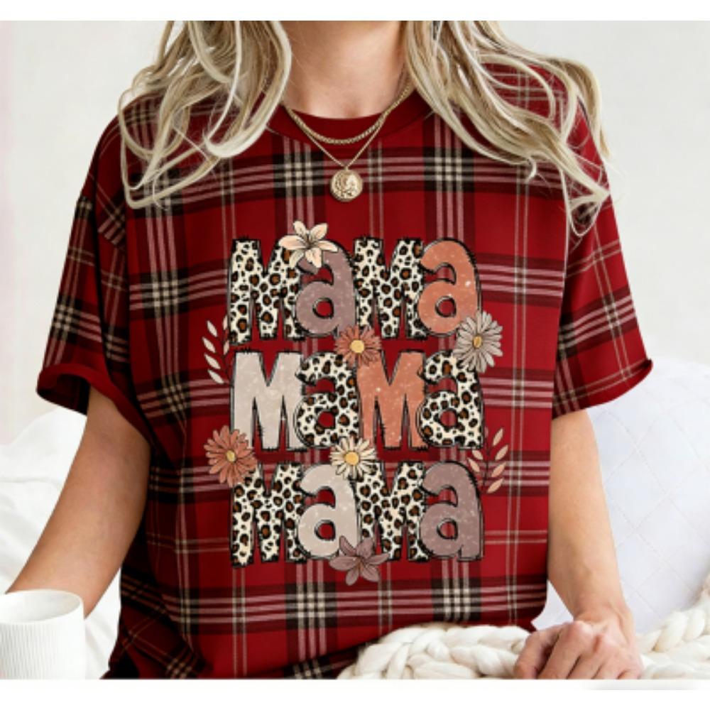 Fashion Funny Grid Leopard Mama Print Women's Short Sleeves T-Shirt Loose Casual Summer Outdoor Street Women's Tees Tops