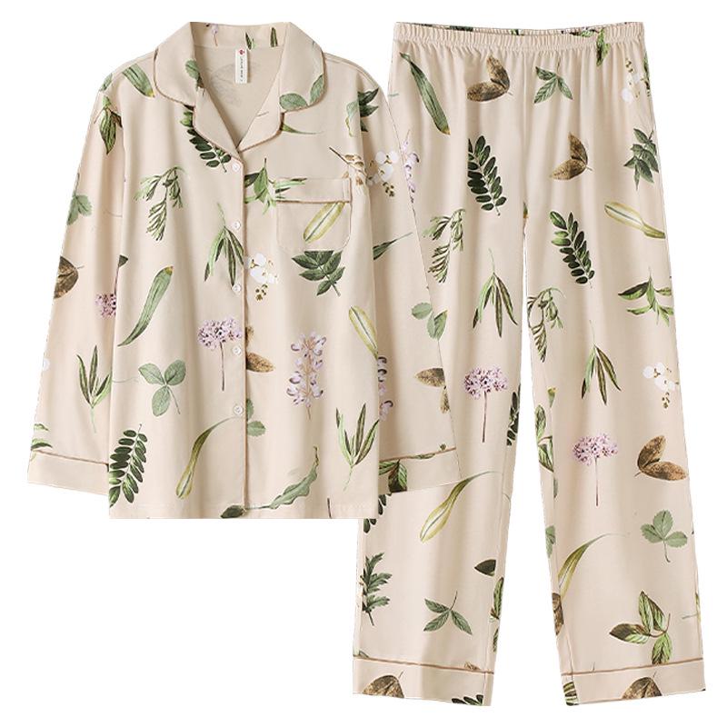 Dam Pyjamas Set i Bomull - Långärmad, Långa Byxor, Ledig Tunn Kofta, Vår- & Höstkläder