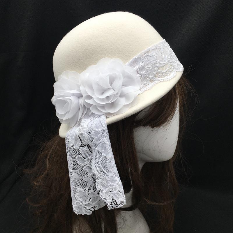 French Retro White 100% Wool Hat Ladies Elegance Black Floral Lace Beret French Wedding Wool Top Hat Ladies Felt Hat