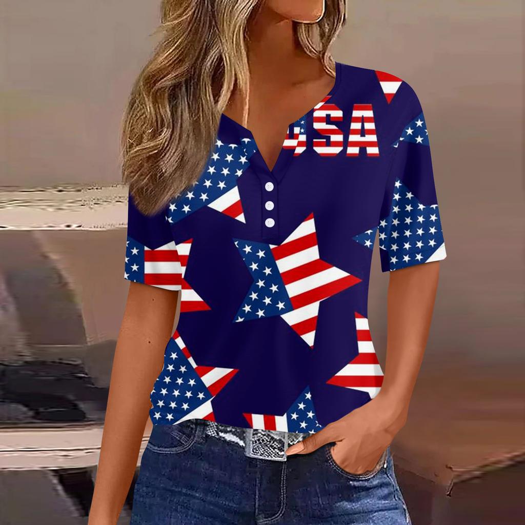 Camiseta Feminina Casual Moda Dia da Independência Estampa Bandeira Americana Listras e Estrelas Gola V Manga Curta Botões Decorados