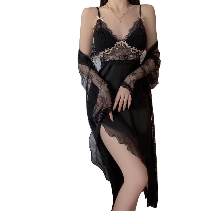 Women's Silky Mesh Padded Sleep Dress with Robe Lounge Set for Summer
