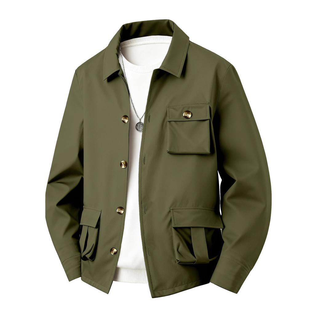Spring Autumn Men's Solid Color Multi-Pocket Utility Jacket - Simple Style Long Sleeve Casual Multi-Functional Waterproof Shirt