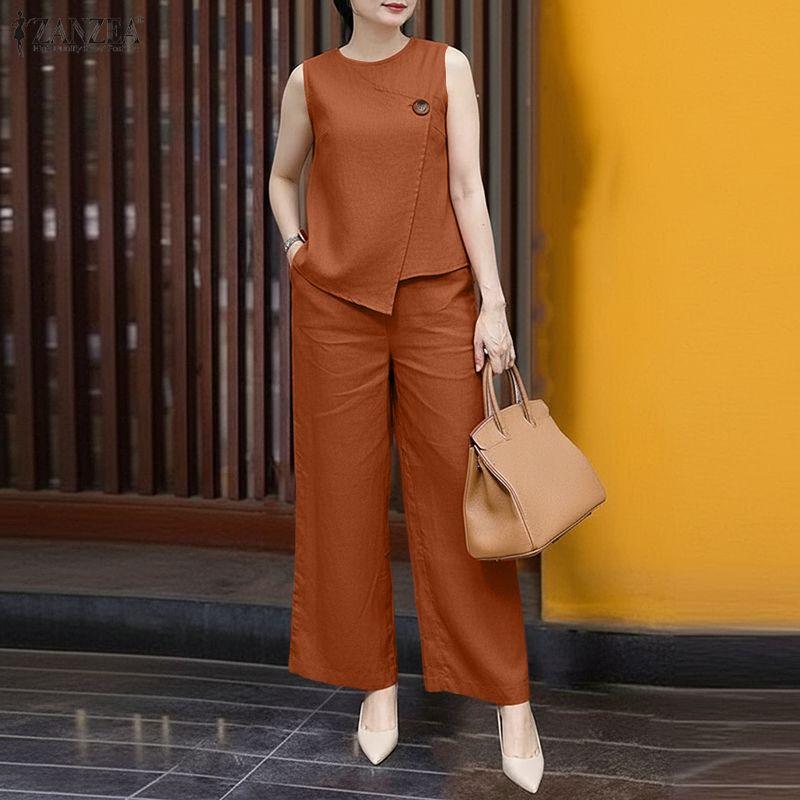 ZANZEA Women Sleeveless Vest Tops and Pants Casual Two Piece Suit Sets