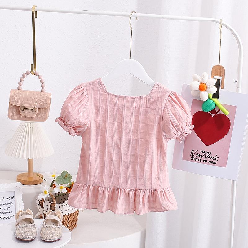 Girls Summer Jacquard Blouse Stylish Baby Doll Shirt Short Sleeve Top For 2-7 Years Old Kids