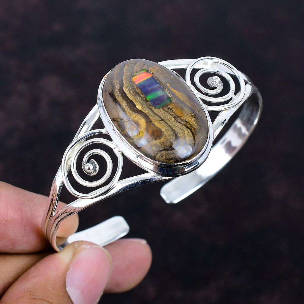 Ethopian Opal In Boulder Opal Cuff Bracelet 925 Sterling Silver Bangle Gemstone Adjustable Cuff Bracelet Handmade Jewelry Gifts for Mother