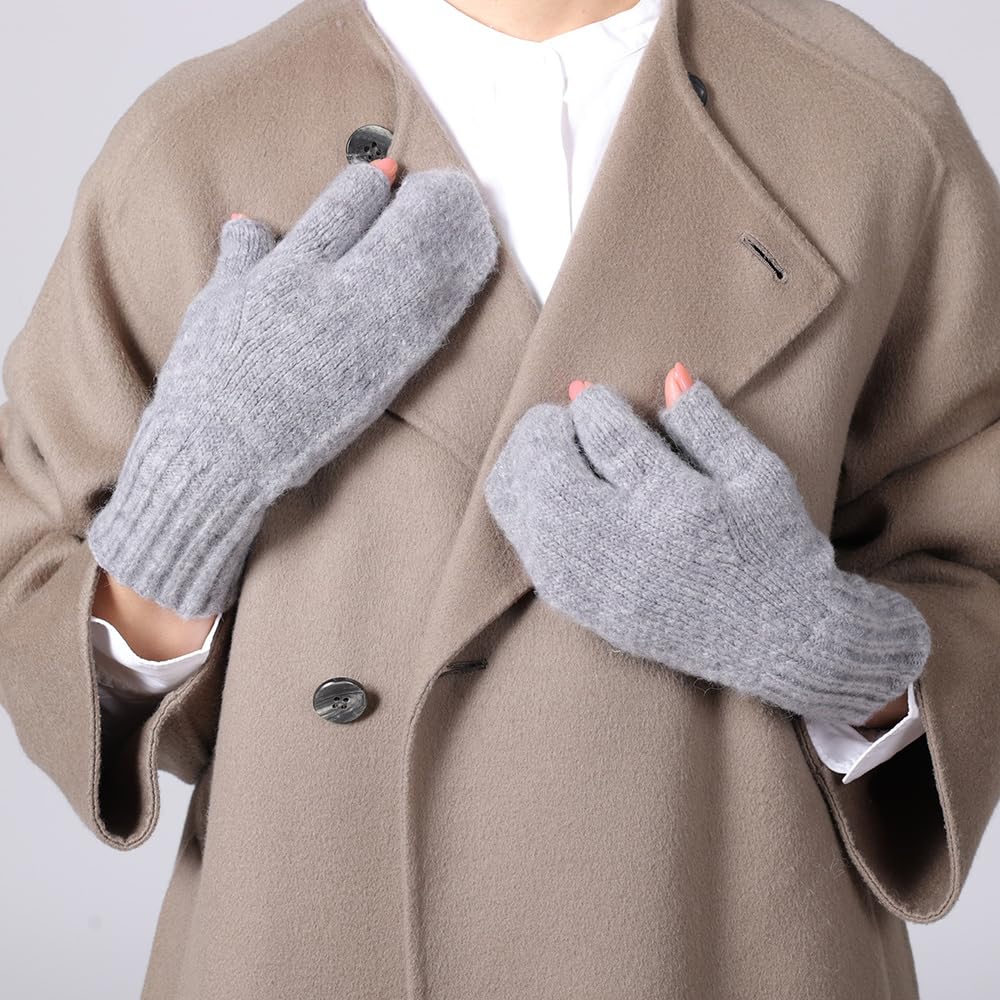Ryuzu Knit Hand Warmers for Smartphone Gray [shesay] 3-Finger Mittens, Women, Compatible, Fingerless, Warm, Windproof,