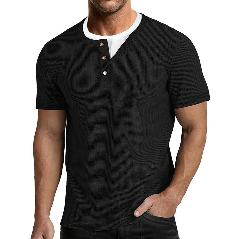 Men Waffle Knit Henley Collar Short Sleeve Solid Color Casual Button Placket T Shirt S чёрный
