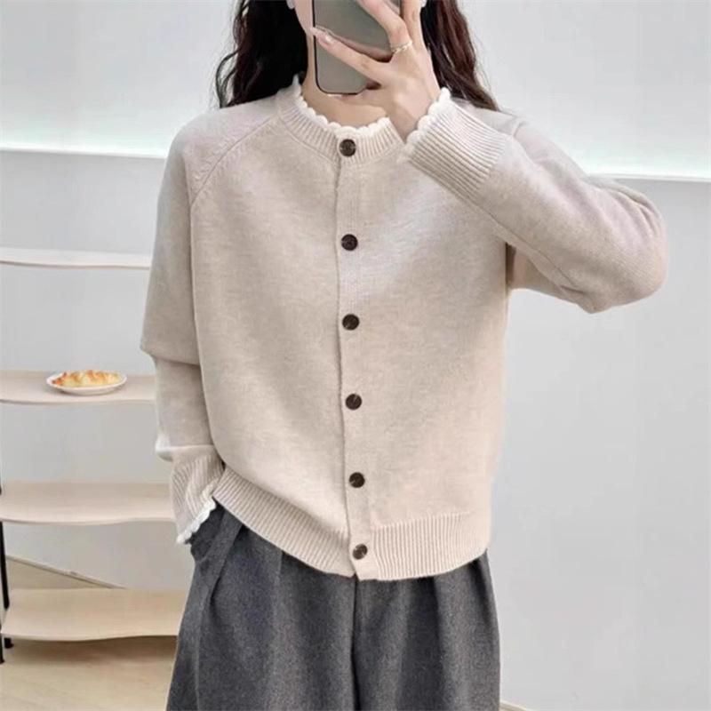 

A Gentle Style, Color-blocked Lace Round-neck Sweater, A New Loose, Sweet and Youthful Knitted Cardigan Jacket for Women In Autumn and Winter One Size абрикосовий