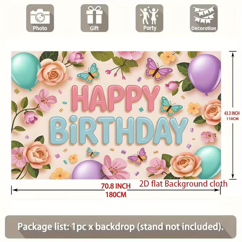 2D Pastel Floral Butterfly Backdrop Happy Birthday for Girls Themed Photo Booth Background