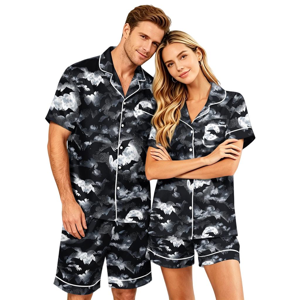 Couple Matching Halloween Pajama Set Short Sleeve Button Down Shirt with Hem and Shorts Soft Casual Sleepwear S-XXXXL