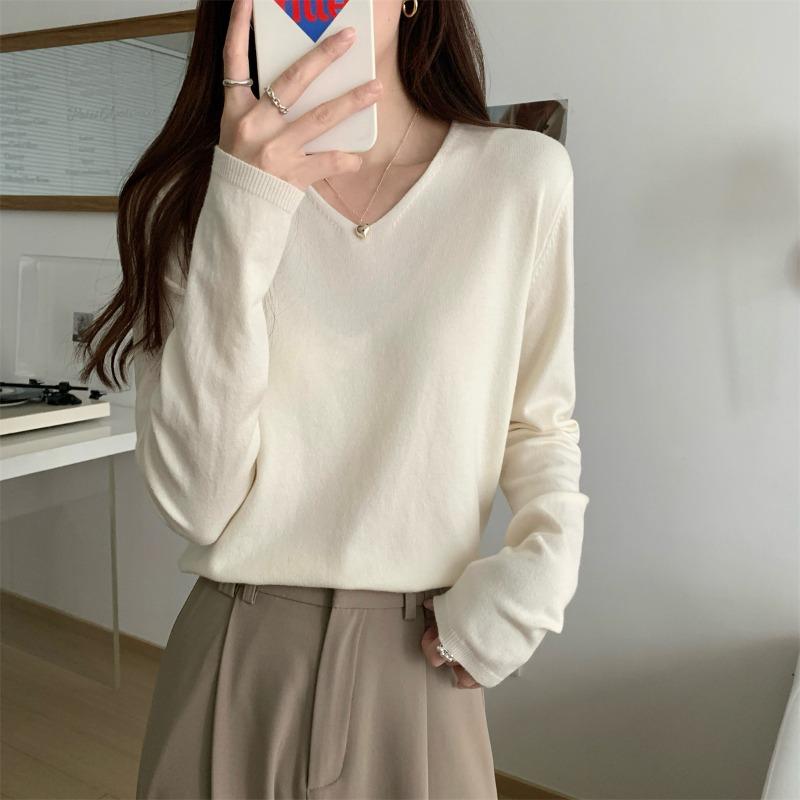 Autumn Winter V-neck Solid Color Simple All-match Bottomed Knitting Top Women Long Sleeve Casual Pullover Sweater