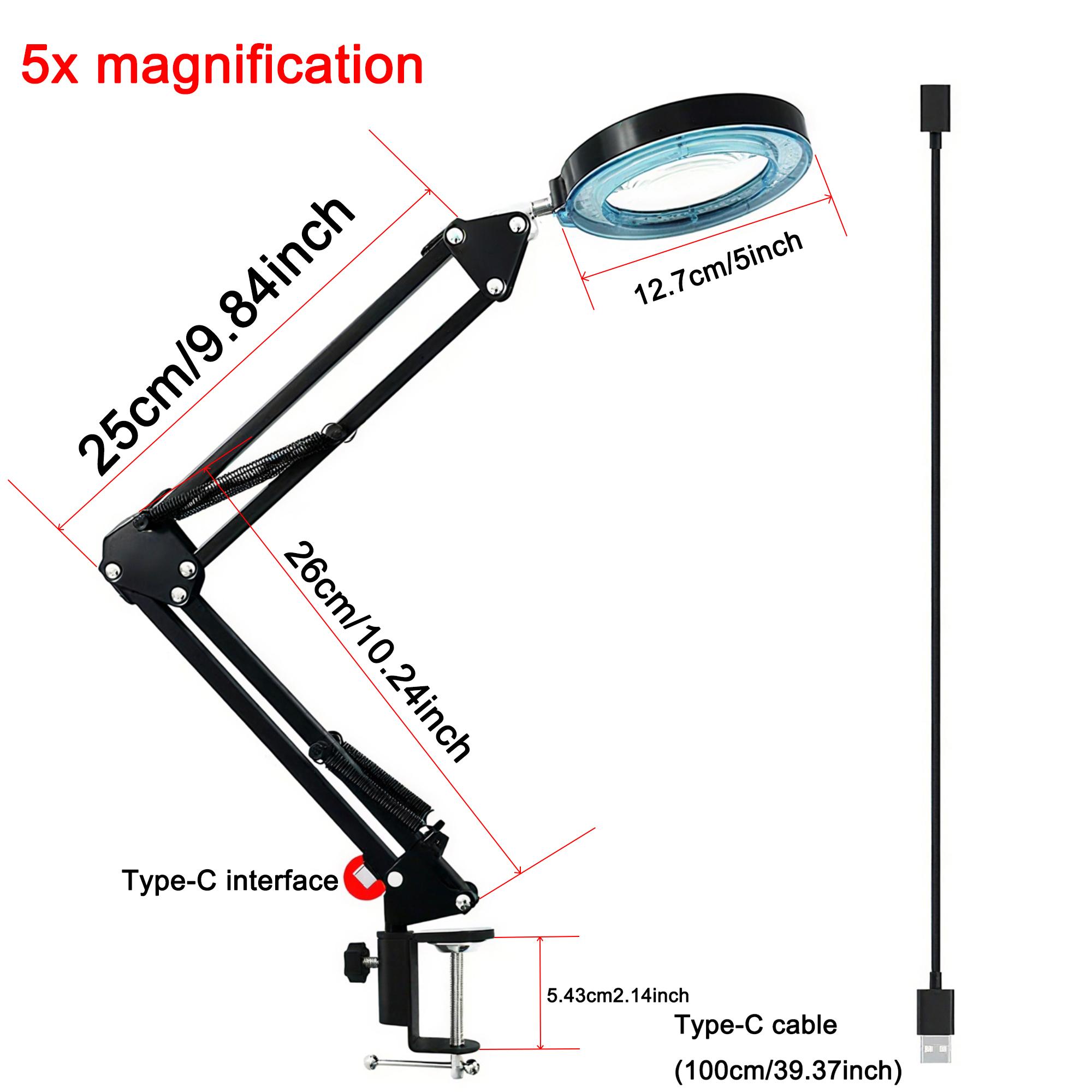 

Светодиодная настольная лампа с 5-кратным увеличением, 5 цветовыми температурами и 10 уровнями яркости, питание от USB/Type-C, регулируемый металлический кронштейн и зажим 5X чёрный