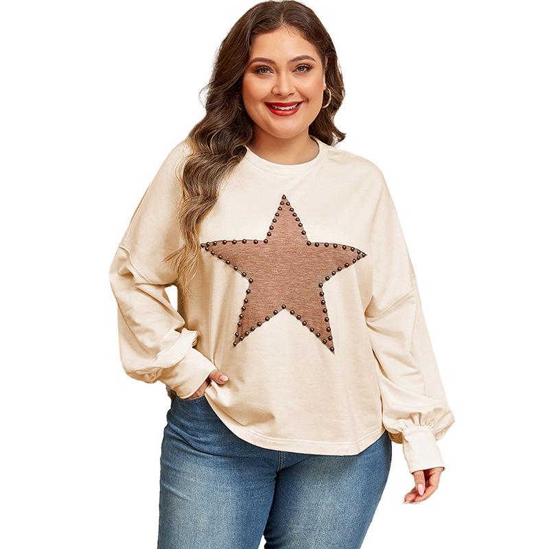 

Женский пуловер большого размера со звездным принтом Shiying - Осенняя мода, Топ с длинным рукавом и круглым вырезом 1X бежевый