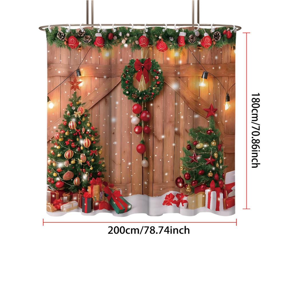 1 szt. Wodoodporna zasłona prysznicowa z nadrukiem wieńca choinkowego, przegroda, zasłona do zawieszenia zapewniająca prywatność, 12 haczyków, wiele rozmiarów