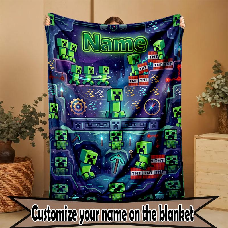 Custom Name Personalized Minecraft Print Blanket, Home Decor, Bedroom, Sofa, Camping, Couch, Gifts for Birthday Christmas