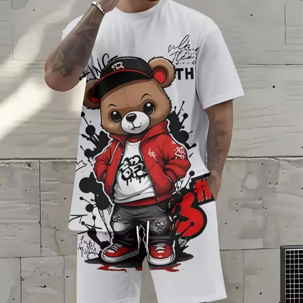 Summer Men's Features Retro Teddy Bear Printed Round-neck T-shirt Shorts Loose Breathable Large Size Short Sleeved Sport Wear