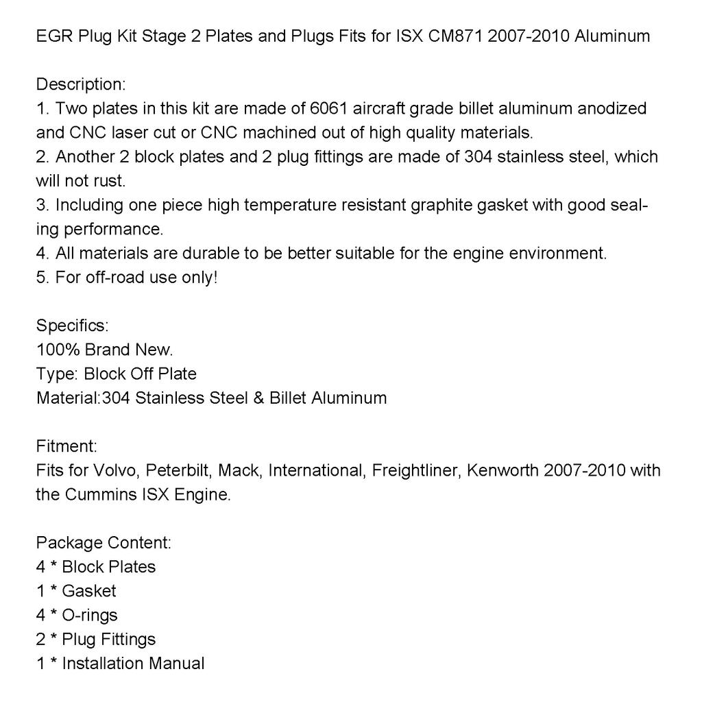 EGR Plug Kit Stage 2 Plates and Plugs Fits for ISX CM871 2007-2010 Aluminum