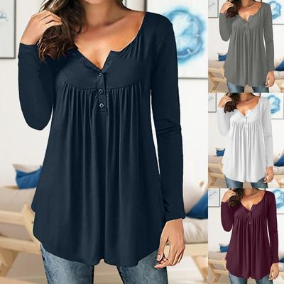 Women Soild Print Long Sleeve T-Shirts Tunic Button Round Neck Causal Blouse