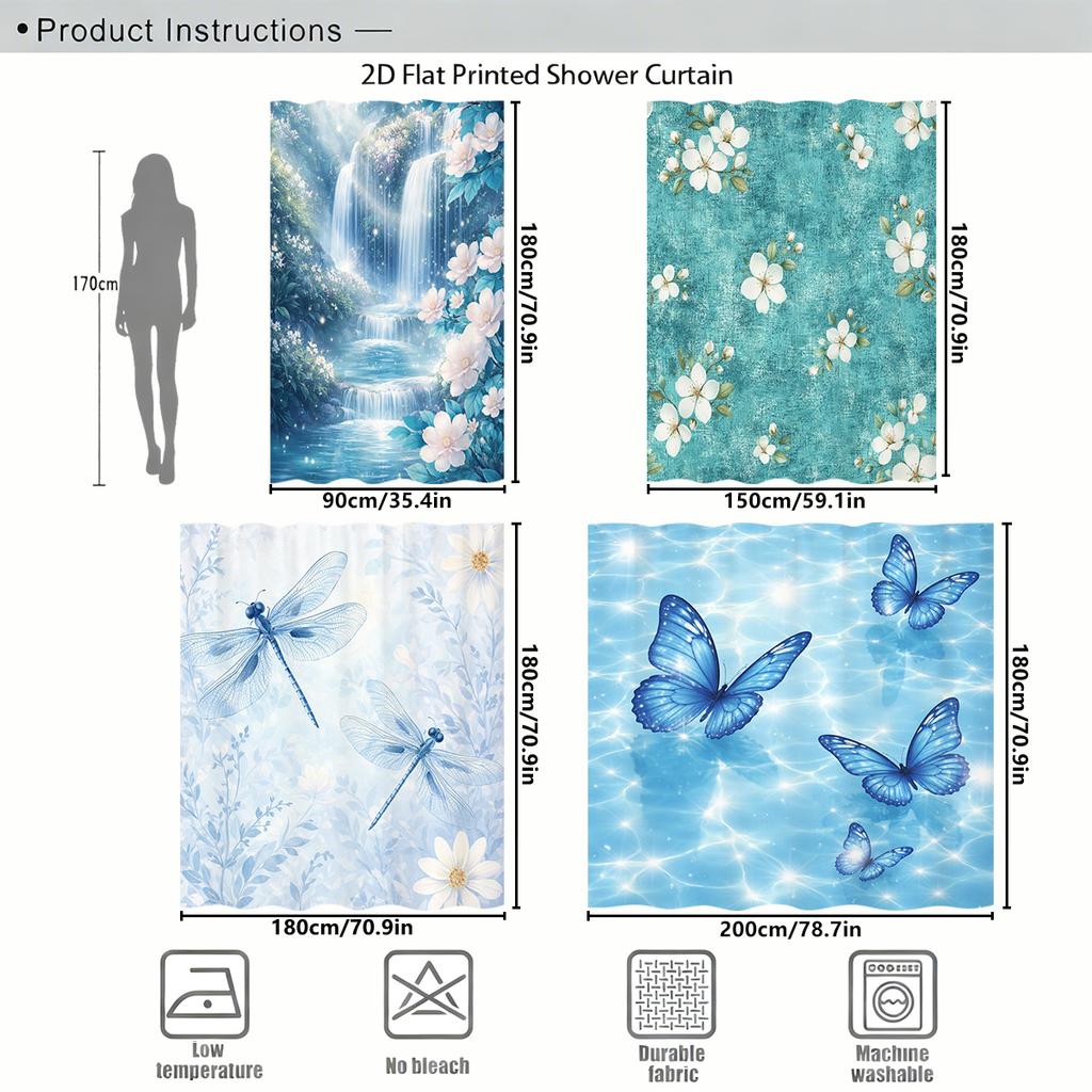 Nature Themed Polyester Shower Curtain - Printed Floral, Waterfall, Dragonfly & Butterfly Design For Bathroom Decor