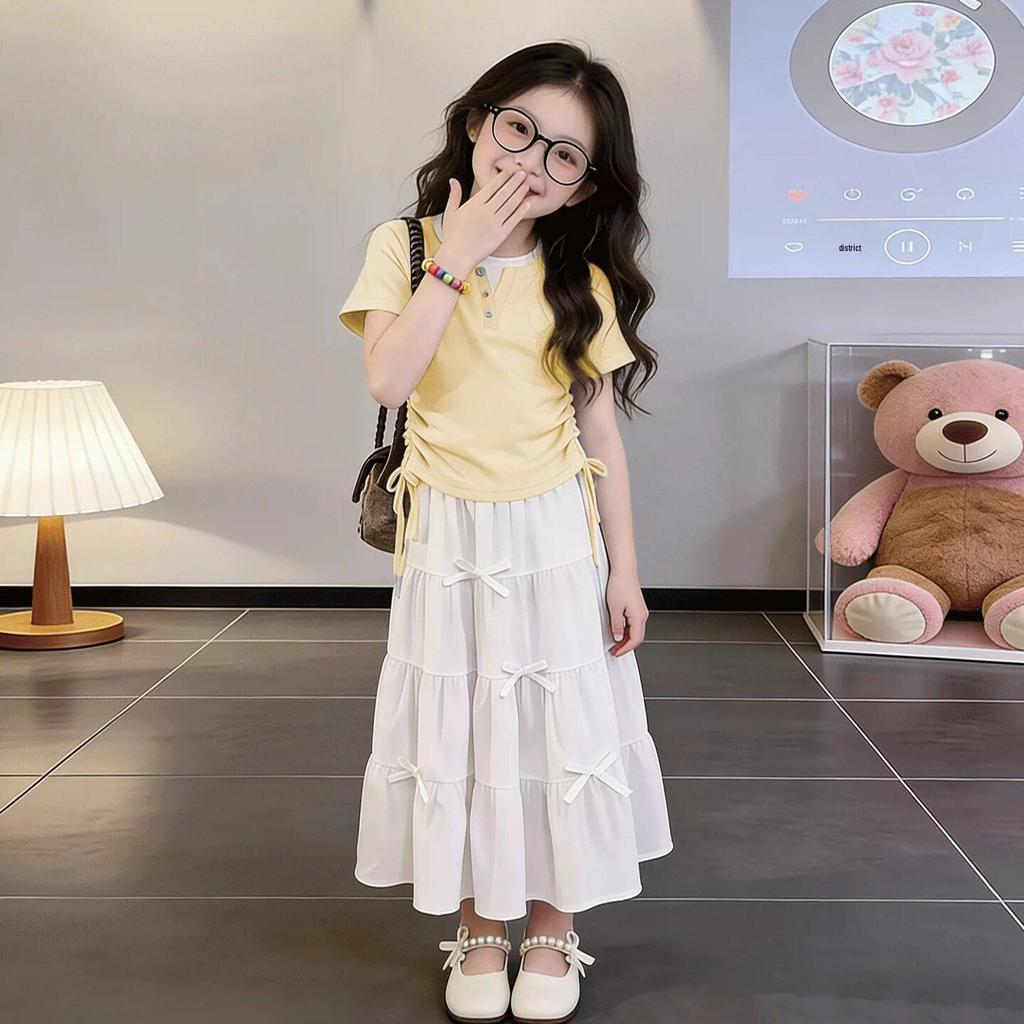Zweiteiliges Sommerset für Mädchen: Kurzarm-Patchwork-Top & Rock Mode-Outfit