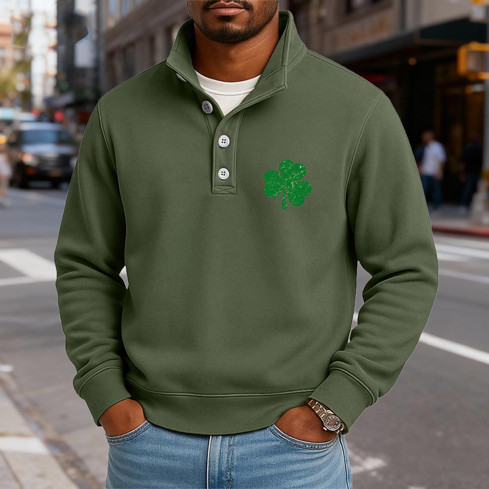 Men s Casual Stand-Up Collar Long-Sleeve Top Print Button-Down Sweatshirt L