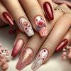 24 Pcs Medium Length False Nail Valentines Day Press On Nail Glossy Acrylic Nail Flowers Full Cover Stick On Nail