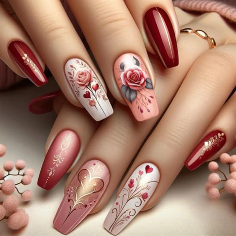 

24 Pcs Glossy Full Cover Artificial Nail Medium Length Press On Nail Valentines Day False Nail Flowers Acrylic Nail 1