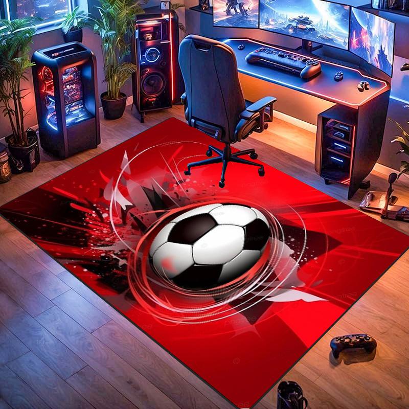 Red Dynamic Soccer Ball Swirl Splash Print Area Rug Football Sports Non Slip Rectangular Floor Mat Gaming Room Football Fan Bedroom Decor Rug