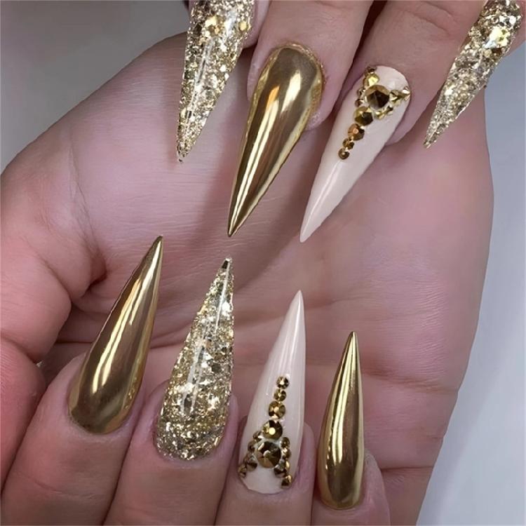 

24 Pcs Glittering Stick on Nail Full Cover False Nail Long Almond Press on Nail Manicures Supplies for Woman 1