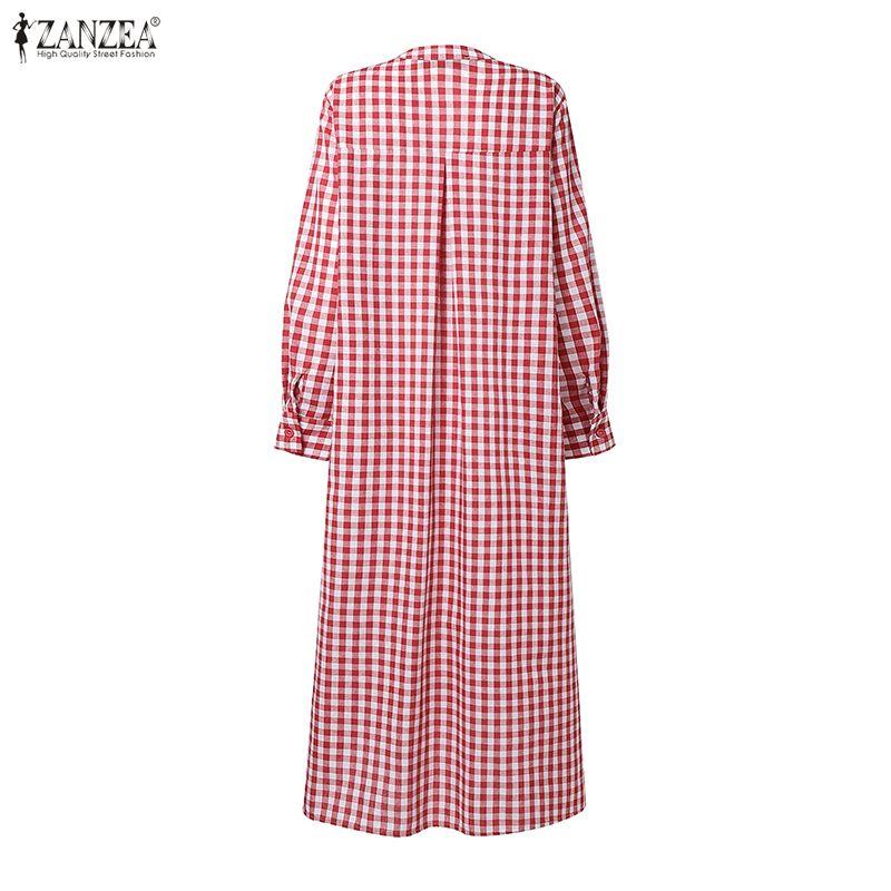 ZANZEA Women Casual Round Neck Long Sleeve Loose Plaid Print Long Dress