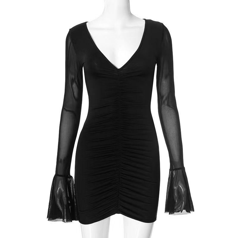 

Western Style Fashion Sexy Deep V-neck Mesh Patchwork Miumiu Bag Hip Dress Sexy V-neck Dress Black S