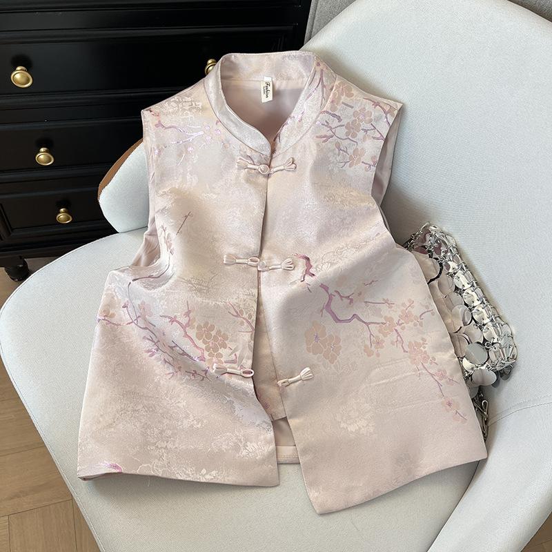 

Темпераментный ретро жилет-кардиган женский с жаккардовым узором, маленьким воротником-стойкой и застежкой-пуговицей в виде диска, женский с растительными цветами XXXL [Recommended 138-75kg] розовый