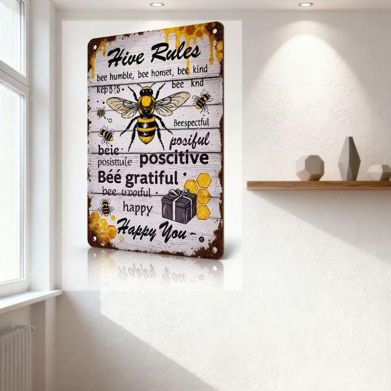 Rustic Metal Tin Sign with Bee Hive Motif - Weathered Frame, Yellow Honey Drips, Honeycomb & Bee Quotes for Home Decor, Man Cave
