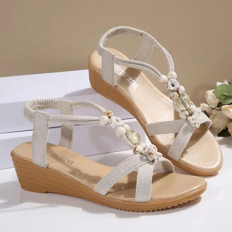 Fashion Large String Bead Wedges Sandals Women Cross Band Decor Thick Sole Platform Sandals Plus Size Light Comfort Bohemian Sandals