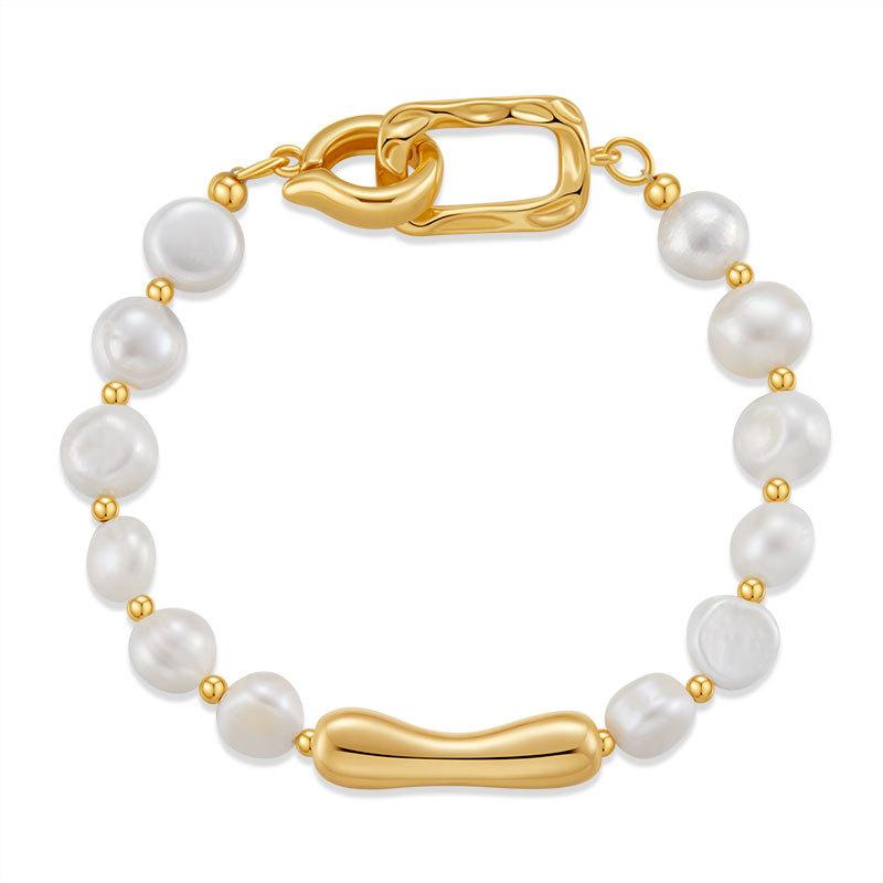 Gold Plated Pearl Bead & Irregular Metal Bar Bracelet With Extension Chain